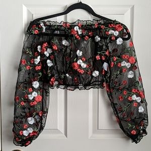 Sheer Mesh Embroidered Off the Shoulder Crop Top